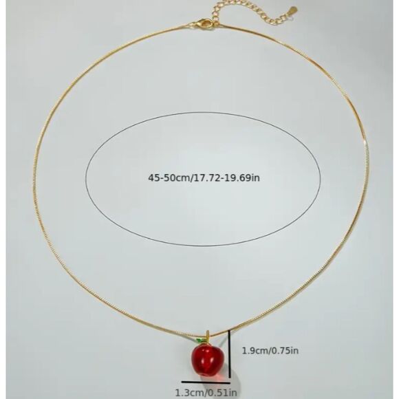 Red Apple Green Leaf on a Gold Chain Necklace - Picture 3 of 8